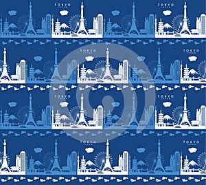 Seamless pattern with Tokyo Japan symbols and landmarks