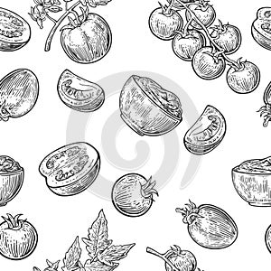 Seamless pattern with Tomato, half and slice. Black and white color. Vintage vector hand drawn engraving illustration