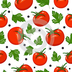 Seamless pattern with tomato, parsley and black pepper