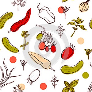 Seamless pattern with tomatoes, peppers, onions, cucumbers, basil, dill, thyme. Background with vegetables and spicy herbs.