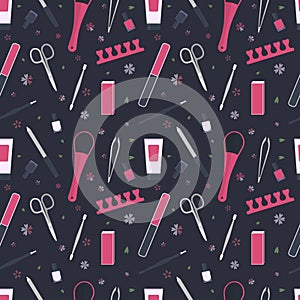 Seamless pattern of tools for manicure and pedicure. icon set