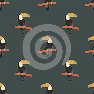 Seamless pattern with a toucan on a branch. Flat vector illustration in doodle style. A tropical bird. Vector illustrations for t