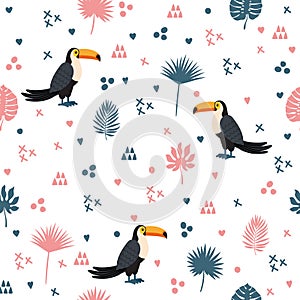 Seamless pattern with toucan and leaves. Cute background