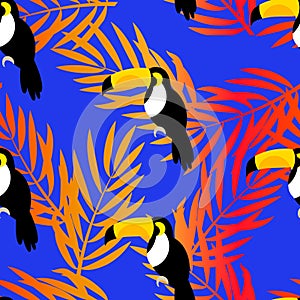 Seamless pattern with toucan and palm branches for textiles and wrapping.