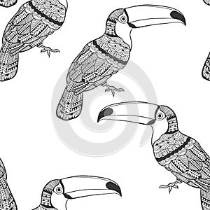 Seamless pattern with toucans. Black and white doodle background