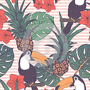 Seamless pattern with toucans pineapple and tropical leaves