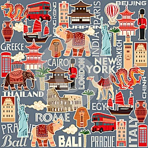 Seamless pattern of tourist attractions and objects of different countries