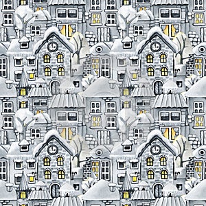 Seamless pattern with town, Christmas snow houses and trees. Winter Landscape. Black white monochrome pattern. Hand