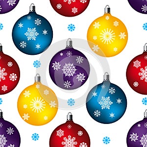 Seamless pattern, toy balls for festive fur-tree, on white background and snowflakes,