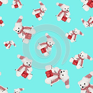 Seamless pattern with a toy bear on a blue background