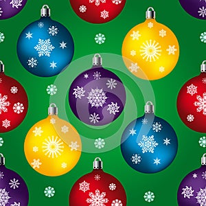 Seamless pattern, toys balls for celebratory fur-tree, on a green background and snowflakes,