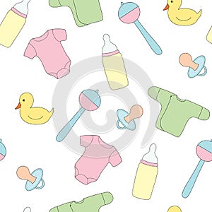 Seamless pattern from toys and clothes for the kid. A vector picture a rattle, a pacifier, a baby`s dummy .