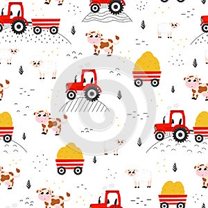 Seamless pattern with tractors and haystacks, cows and sheeps in childish cartoon style, ideal ornament for beddings