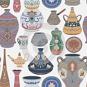 Seamless pattern with traditional Arabic utensils collection. Oriental dishes, pots, lantern, bowl, plates, pottery, ceramic with