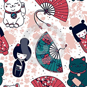 Seamless pattern with traditional asian souvenirs^ hand paper fans, kokeshi dolls, maneki neko and sakura flowers