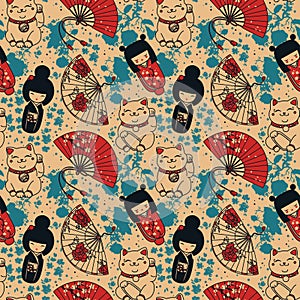 Seamless pattern with traditional asian souvenirs^ hand paper fans, kokeshi dolls, maneki neko and sakura flowers