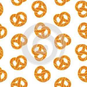 Seamless pattern with traditional german salty pretzel. Twisted bread with salt. Vector seamless pattern.
