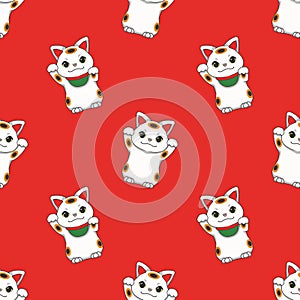 Seamless pattern with traditional Japanese `Maneki Neko` winking lucky cat on red background