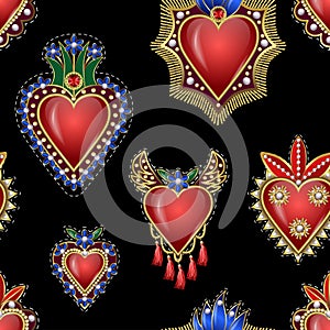 Seamless pattern with traditional Mexican hearts with fire and flowers, embroidered sequins, beads and pearls. Vector patches.