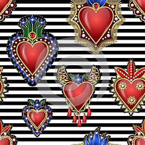 Seamless pattern with traditional Mexican hearts with fire and flowers, embroidered sequins, beads and pearls. Vector patches.