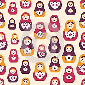 Seamless pattern with traditional Russian folk handcrafted nesting dolls. Backdrop with matryoshkas of various size