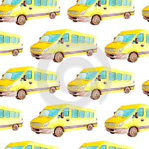 Seamless pattern transport and logistic of watercolor yellow mini bus or taxi