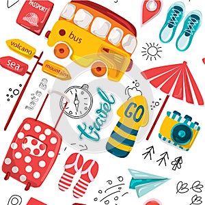 Seamless pattern with travel and leisure in cartoon style. Planning a summer vacation, adventure or business trip. Suitable for ad