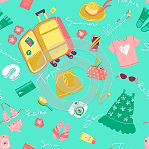Seamless pattern with travel things. Packing a suitcase for a vacation at sea.