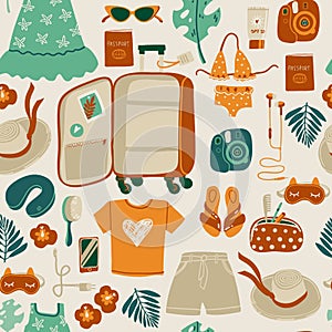 Seamless pattern with travel things. Packing a suitcase for a vacation at sea.