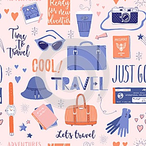 Seamless pattern about travel, vacation, adventure.