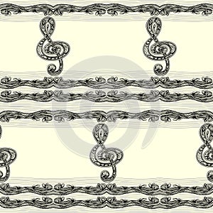 Seamless pattern with Treble clef notes musical stanza in Zen-tangle style black on white photo