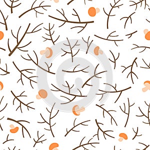 Seamless pattern with tree branch and mushrooms over white background.