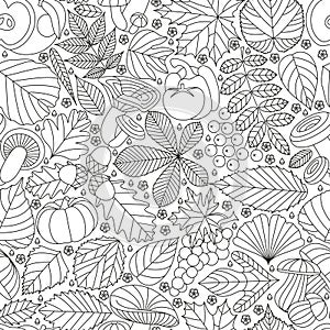 Seamless pattern with tree leaves, mushrooms and vegetables. Various elements for design. Cartoon vector illustration
