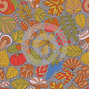 Seamless pattern with tree leaves, mushrooms and vegetables. Various elements for design. Cartoon vector illustration