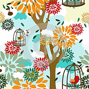 Seamless pattern with trees, birds in cage and floral ornament