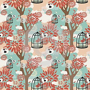 Seamless pattern with trees, birds in cage and floral ornament