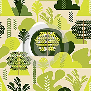 Seamless pattern. Trees broadleaf tropical in a flat style. Preservation of the environment, forests. Park, outdoor.