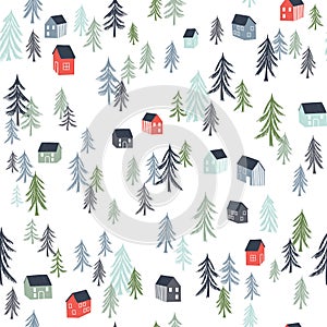 Seamless pattern with trees and houses