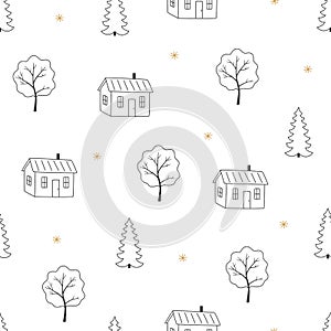 Seamless pattern with trees and houses, contour.