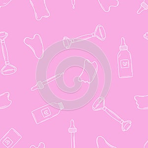 Seamless pattern of trendy gua sha scrapers made of natural stone and cosmetic oil, roller massager for facial care. Vector