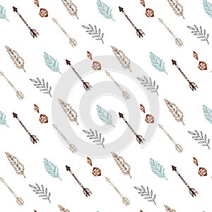 Seamless pattern with tribal arrows, feathers and spring branches. Hand drawn vector illustration. Boho background. Perfect for f
