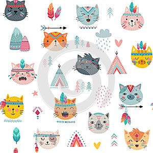 Seamless pattern with tribal boho cats. Hand drawn cute characters