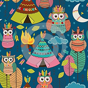 Seamless pattern with tribal owls night