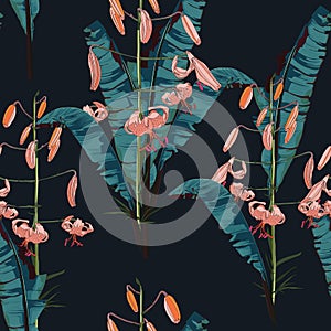 Seamless pattern with tropical bananas leaves.Palm leaves and lilies on the black background.