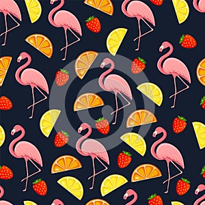 Seamless pattern with tropical bird flamingos, leaves and fruits. Texture with a bird for textiles, wallpaper, print