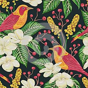 Seamless pattern with tropical birds, flowers,berries and leaves. Exotic flora and fauna.