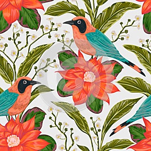 Seamless pattern with tropical birds, flowers and leaves. Exotic flora and fauna.