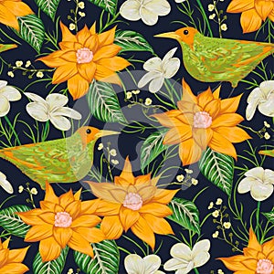 Seamless pattern with tropical birds, flowers and leaves. Exotic flora and fauna.