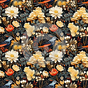 Seamless pattern with tropical birds and flowers. Print for fabric, napkins, tiles, wallpaper.