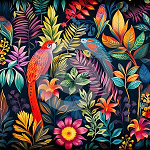 Seamless pattern with tropical birds and flowers. Vector illustration